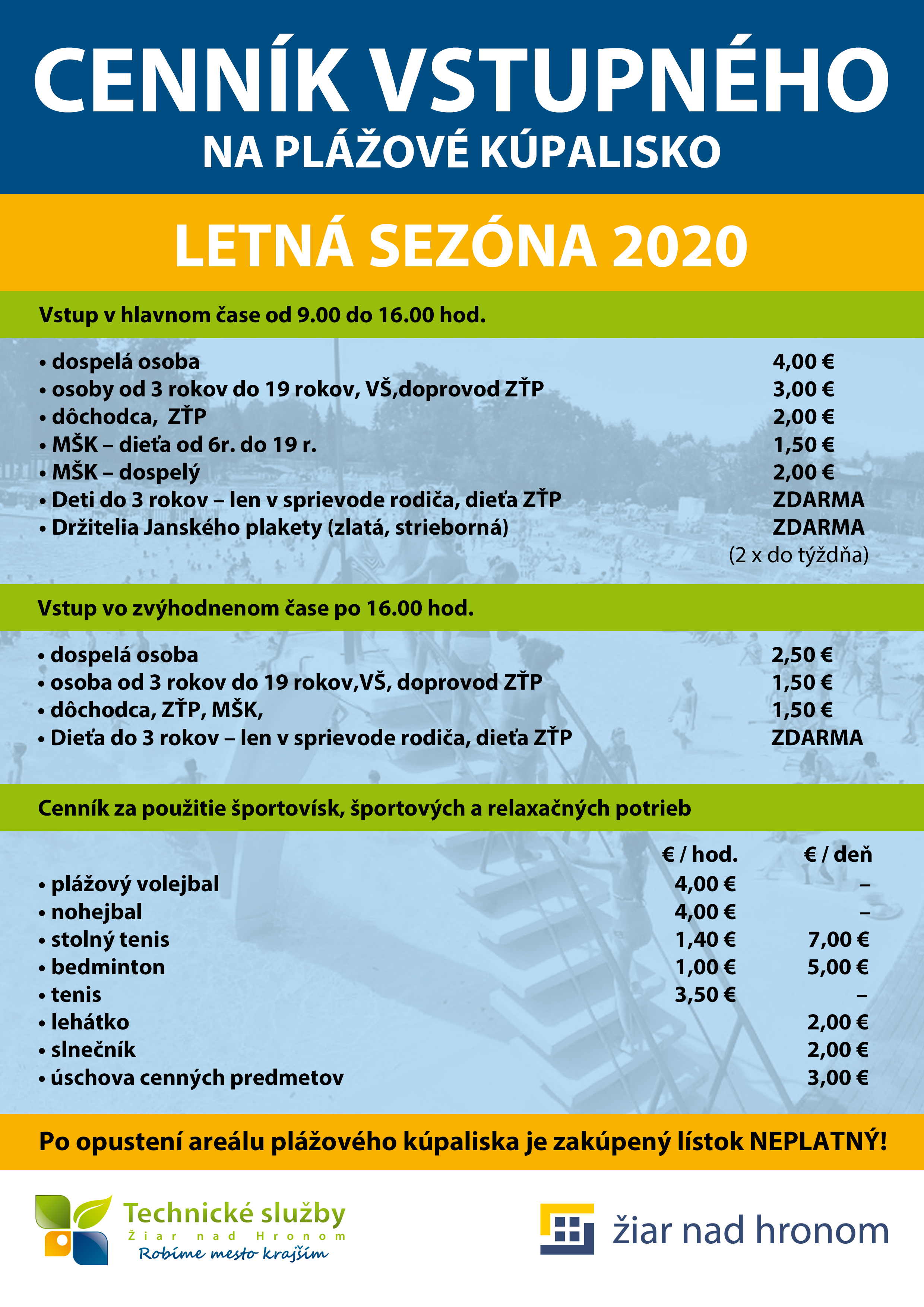 Cenník Plážového kúpaliska v Žiari nad Hronom na letnú sezónu 2020