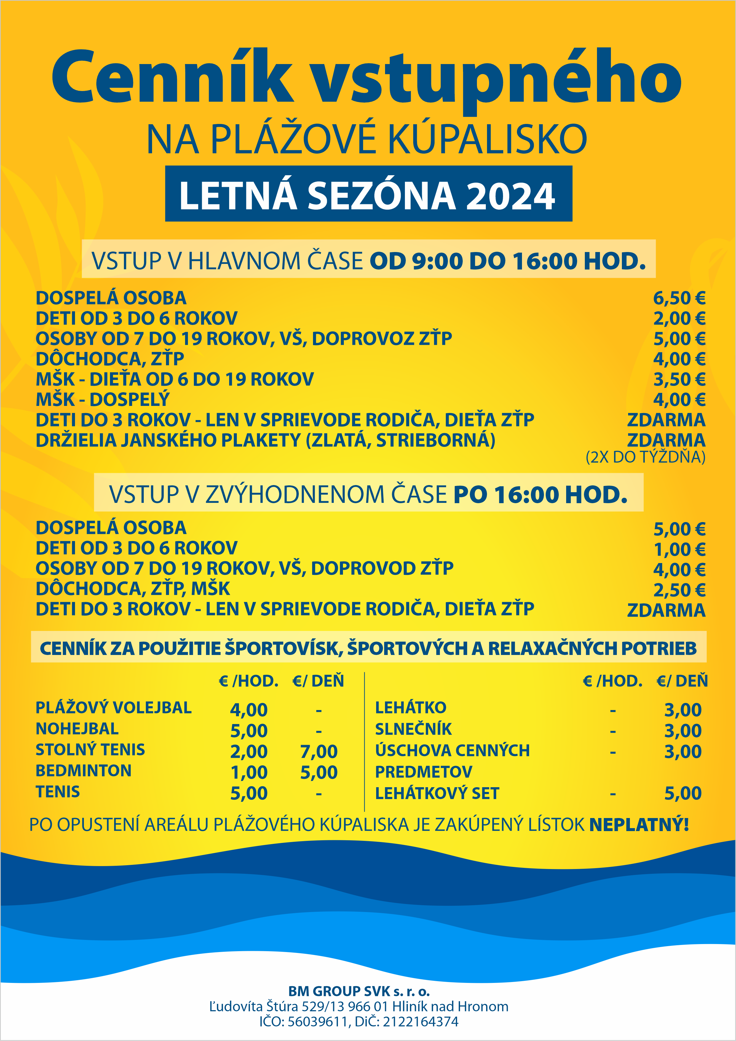 Cenník služieb pre letnú sezónu 2024