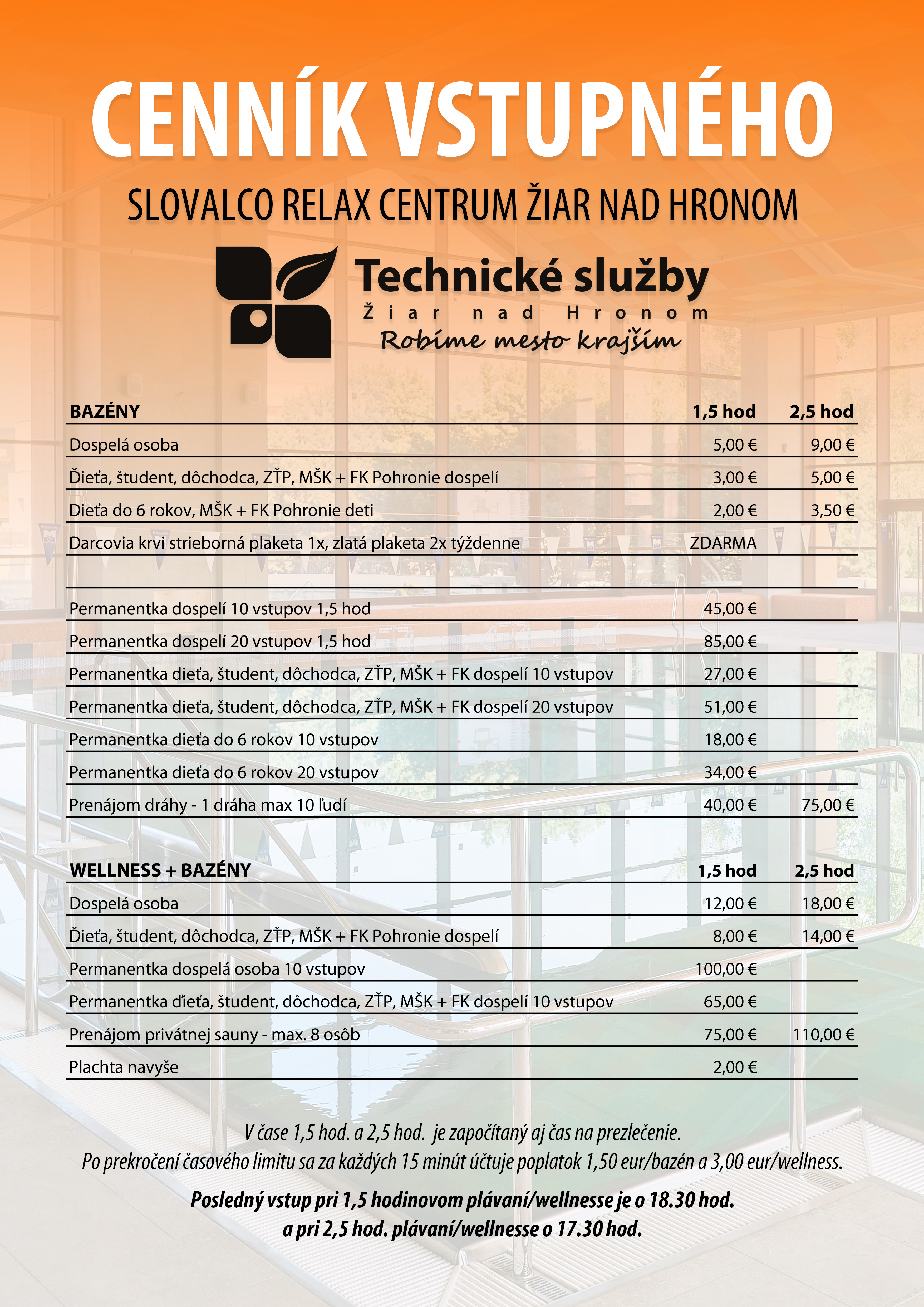 Cenník vstupného Slovalco relax centrum Žiar nad Hronom
