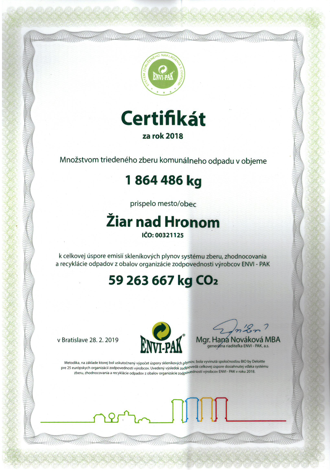 Certifikát ENVI-PAK za rok 2018