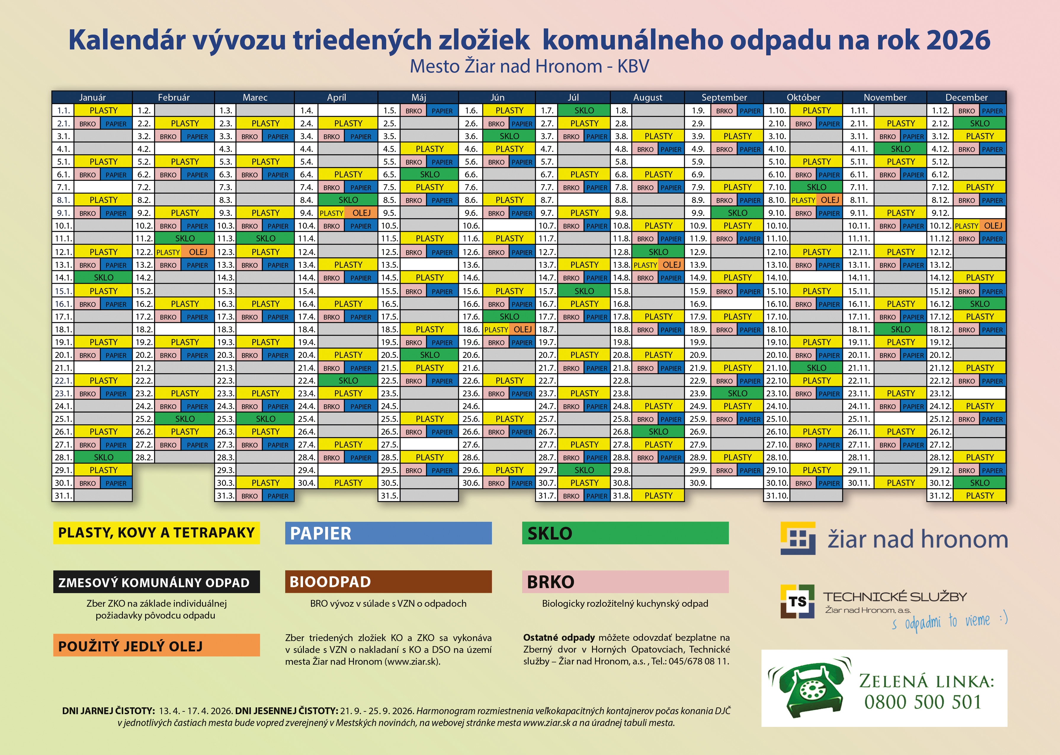 Kalendár vývozu triedených zložiek komunálneho odpadu na rok 2026 (KBV)
